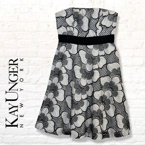 KAY Unger Black and White Embroidered Strapless Dress Size 6